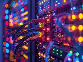 Colorful network server room with cables and LED indicators showing data transfer and high-speed connectivity in a tech environment.