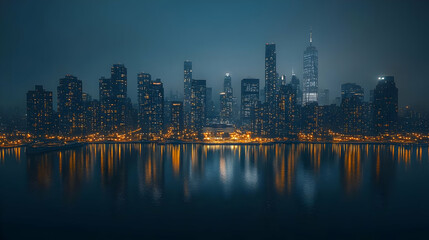 Fototapeta premium A stunning nighttime cityscape with tall skyscrapers illuminated by warm lights reflected in the calm water.