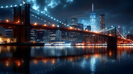 Fototapeta premium A stunning nighttime view of the Brooklyn Bridge and the Manhattan skyline with reflections in the water.