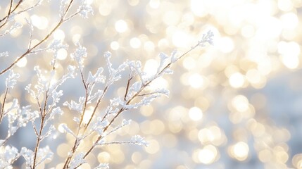 Frosty Branches with Bokeh Lights  Winter Nature Background