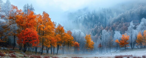 Enchanting autumn forest with vibrant red and orange trees enveloped by mist, creating a serene and mystical landscape scene.