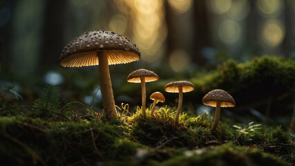 Fototapeta premium Funghi illuminati dalla luce, circondati dal muschio in un bosco