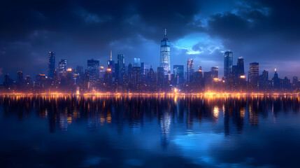 Fototapeta premium A stunning panoramic view of a city skyline at night, with tall buildings and lights reflected in the water.