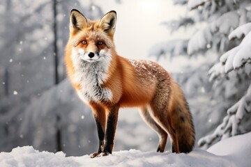 Fototapeta premium Fox standing alert in a snow-covered forest, embodying wild animals in winter
