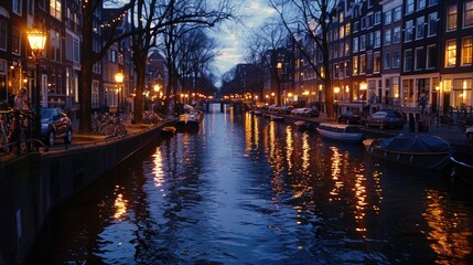 Fototapeta premium Evening view of a picturesque canal with illuminated buildings and water reflections in Amsterdam, Netherlands, captured in a tranquil atmosphere.