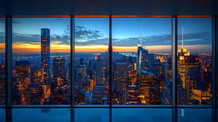 A stunning panoramic view of a cityscape at sunset, seen through large windows of a skyscraper.