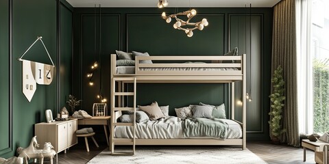 luxury minimalist dark green kids bedroom with elegant beige double bunk bed and kids decoration 