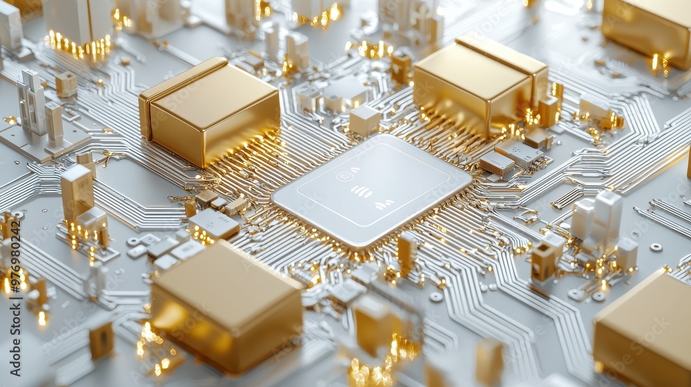 Poster golden microchip circuit board with digital signal