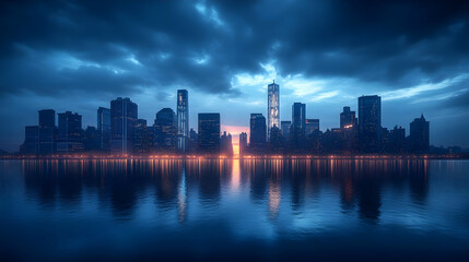 Fototapeta premium A stunning panoramic view of the New York City skyline at dusk, with the iconic skyscrapers reflecting in the calm waters of the harbor.