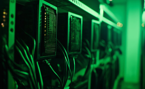 Rows of cryptocurrency mining machines glowing green in a data center environment.