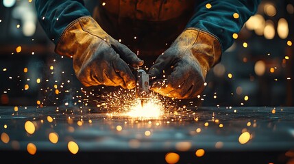 Close-up of a Welder's Hands Working on Metal with Sparks Flying