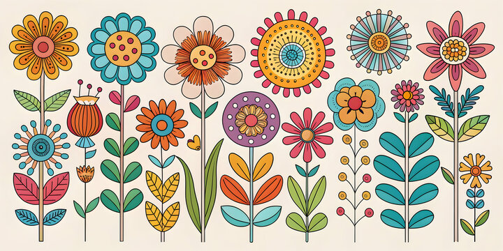 Abstract retro flower art set with organic doodle shapes in trendy naive style , Groovy, floral, botanical,, abstract, retro, flower