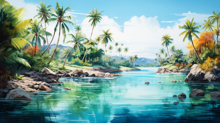Fototapeta premium A serene tropical landscape featuring calm river surrounded by lush palm trees and vibrant foliage. clear blue water reflects sky, creating peaceful atmosphere.