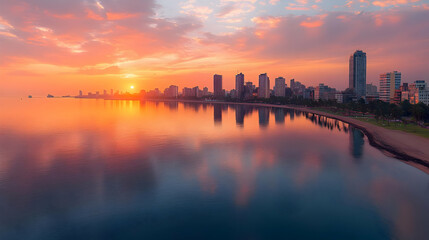 Fototapeta premium A stunning sunrise over a coastal city with vibrant orange and pink hues reflecting off the calm water.