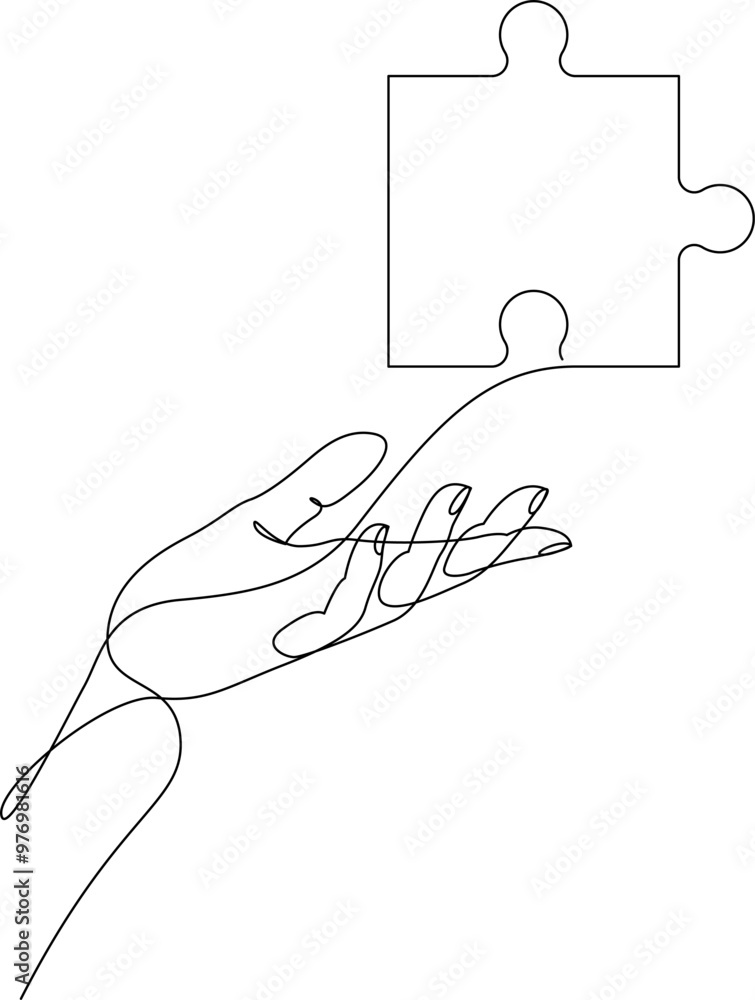 Aufkleber continuous one line drawing of human hand holding puzzle. puzzle game symbol on palm hand. business 