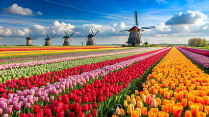 Colorful tulip fields in bloom with windmills in the background , Tulips, fields, flowers, Netherlands, vibrant, spring