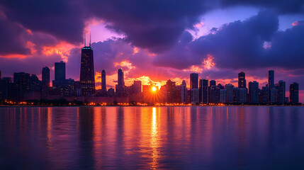 Fototapeta premium A stunning sunrise over the Chicago skyline, with vibrant pink and orange clouds reflecting in the calm waters of Lake Michigan.