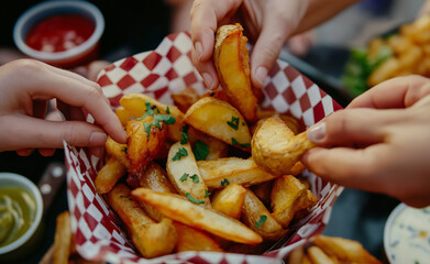 Close-up of people sharing seasoned potato wedges with dipping sauces in a casual setting.