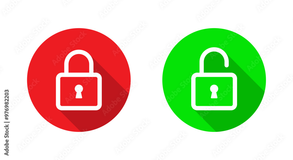 Poster lock and unlock padlock icon with long shadow. security sign symbol