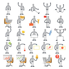 humanoid robot characters set in various poses vector illustration