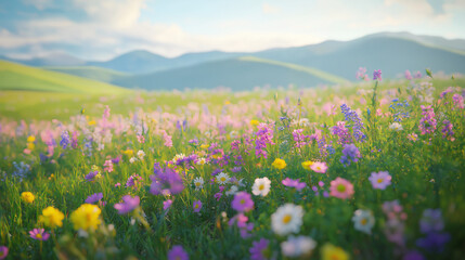 Fototapeta premium A vibrant field of wildflowers blooming in various colors like purple, yellow, and pink meadow is bathed in soft sunlight with rolling hills in the background