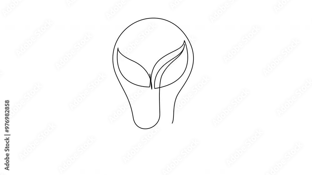 Poster self drawing animation of lightbulb with leaves inside drawn by one continuous line. animated single