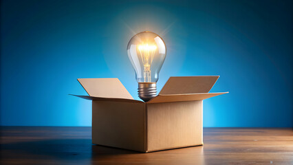 Illuminated idea bulb emerging from a cardboard box on blue background, creativity, inspiration, innovation