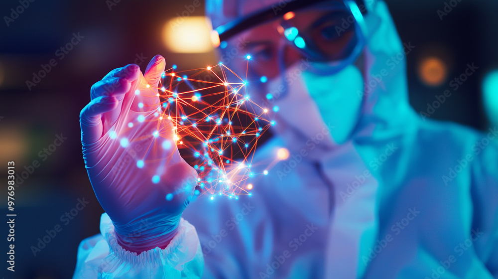 Poster a scientist in a protective suit interacting with a glowing digital network structure.