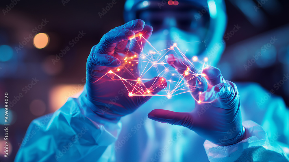 Poster a scientist in a protective suit interacting with a glowing digital network structure.