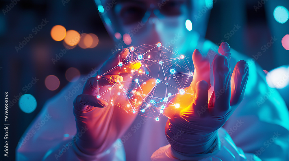 Poster a scientist in a protective suit interacting with a glowing digital network structure.
