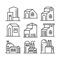 factory and house building icons set line illustration