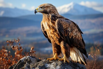 Fototapeta premium Golden eagle perched on a rocky outcrop, surveying its mountainous territory under a bright blue sky
