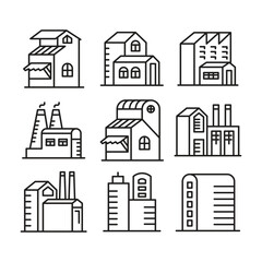 factory and house building icons set line illustration