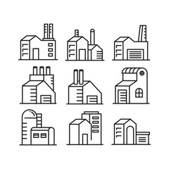 factory and house building icons set line illustration