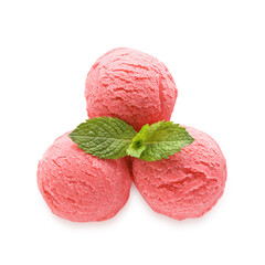 Scoops of tasty watermelon sorbet and mint isolated on white, top view