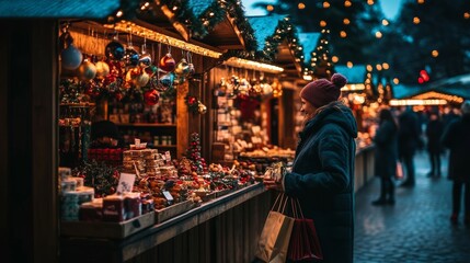 Woman Exploring Enchanting Christmas Market Stalls Adorned with Festive Lights and Ornaments