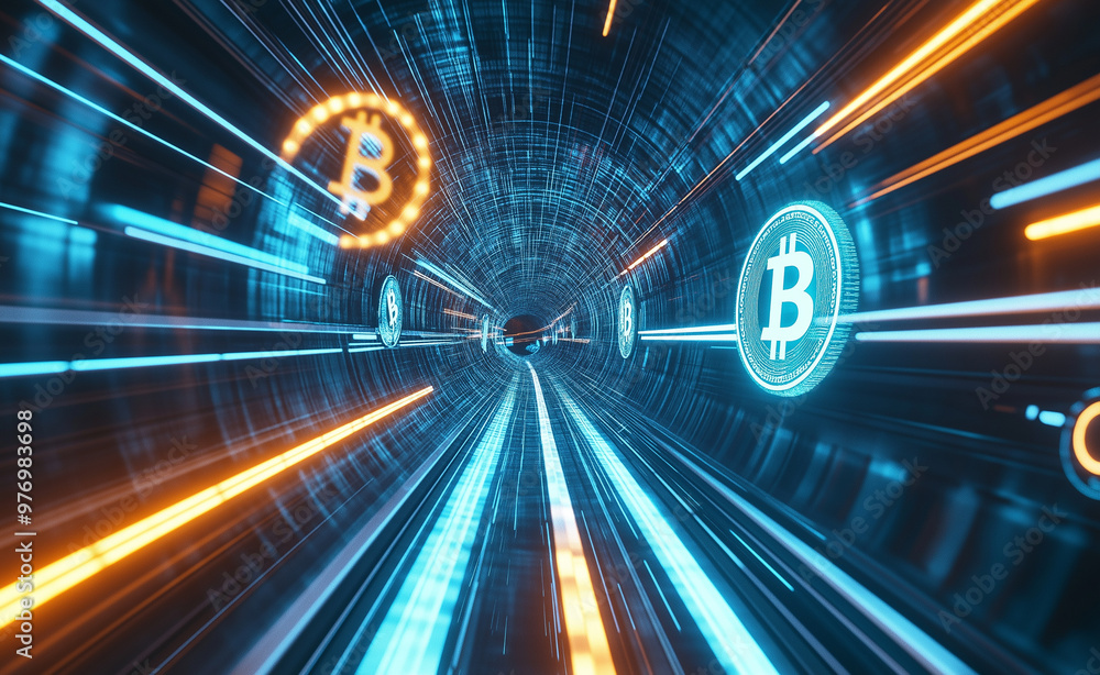 Aufkleber futuristic depiction of bitcoin symbols moving through a digital tunnel with dynamic energy flow.