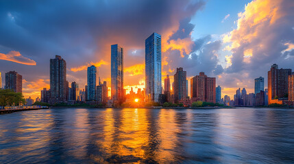 Fototapeta premium A stunning sunset over a city skyline with tall skyscrapers and a reflective river in the foreground.