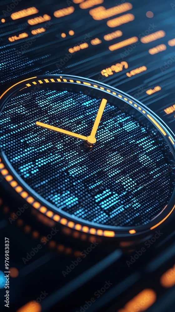 Poster a digital clock display amidst glowing data streams, symbolizing technology and time's significance 