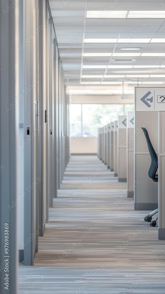 Poster a modern office corridor featuring cubicles, abundant natural light, and a tidy carpet, creating an 
