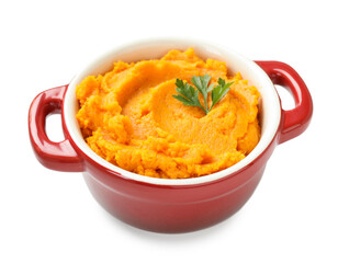 Delicious mashed sweet potatoes with parsley in pot isolated on white