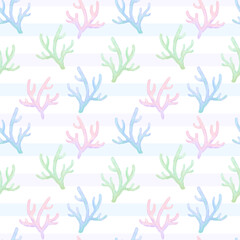 Watercolor seamless pattern with colorful corals on striped background. Cute illustration for children's textiles and wrapping paper