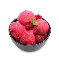 Delicious raspberry sorbet, fresh berries and mint in bowl isolated on white