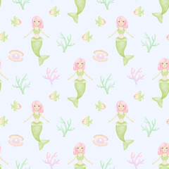 Watercolor seamless pattern with green mermaids, corals, shells with pearls, fish on a blue background. Cute illustration for children's textiles and wrapping paper