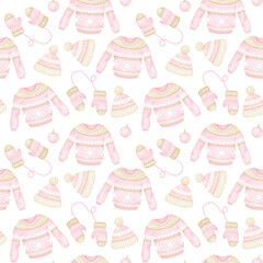 Watercolor seamless pattern with pink sweaters, mittens, hats and Christmas balls on a white background. Cute illustration for children's textiles and wrapping paper
