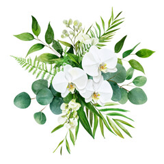 Elegant bouquet of white orchids and greenery foliage