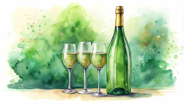 Watercolor wine glasses and champagne with a green cork bottle silhouette for wine list menu, watercolor