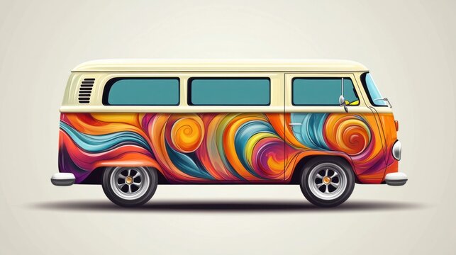 recommend clip art: A cartoon retro van with funky, swirling designs and bold colors, creating a 1970s vibe.