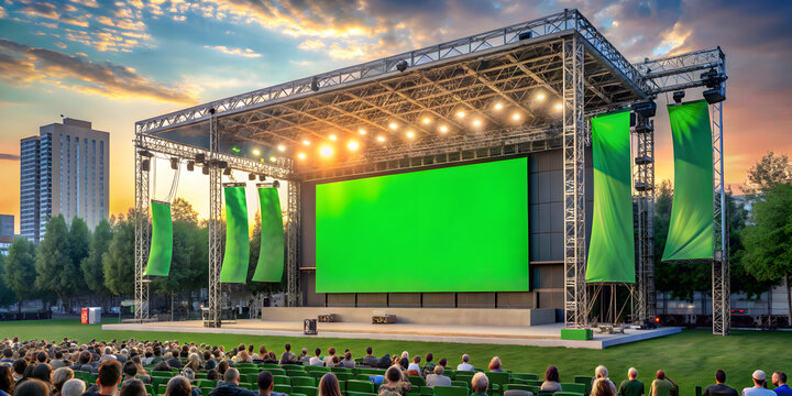 Vibrant outdoor concert billboard mockup with green screen at festive venue, stage, audience seating, outdoor, concert
