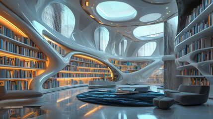 A futuristic library with interactive digital interfaces and modular design.A futuristic library with interactive digital interfaces and modular design.